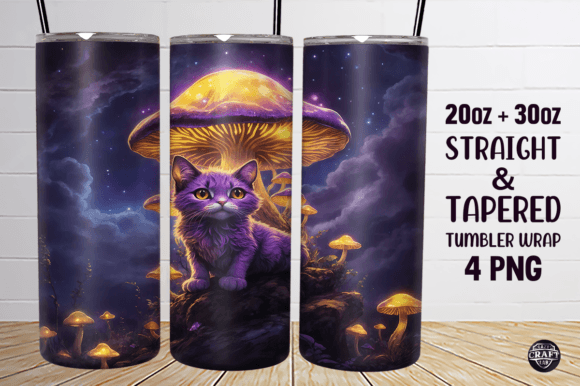 Cat with Mushrooms Tumbler Wrap 20oz PNG