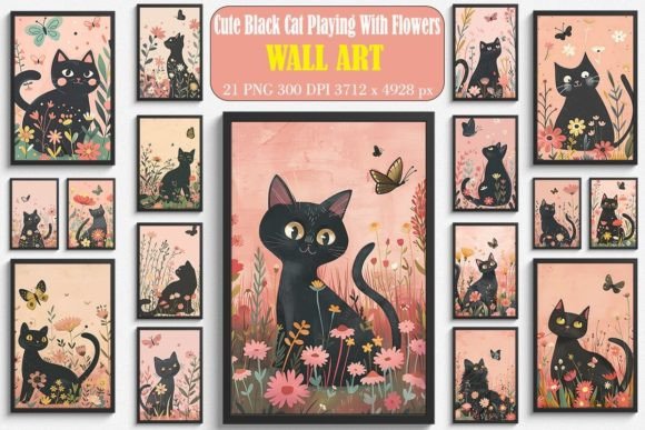 Cute Black Cat Playing with Flowers Art Bundle