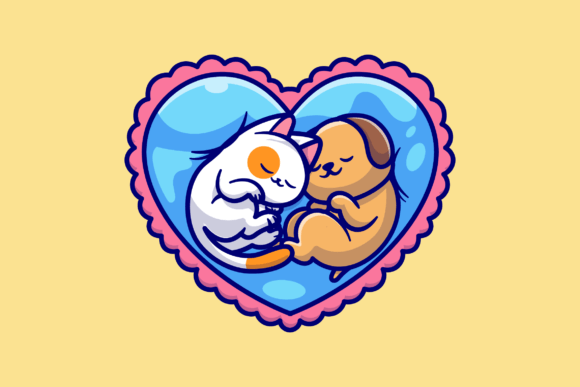 Cute Cat and Dog Sleeping Love Heart