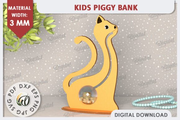 Kids Piggy Bank Laser Cut. Cat SVG