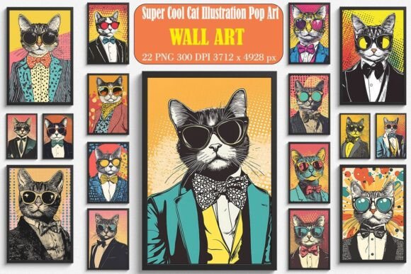 Super Cool Cat Illustration Pop Art Bundle