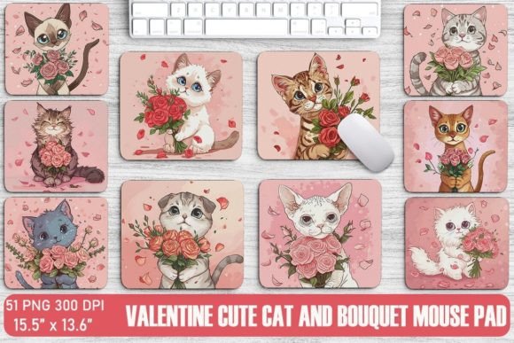 Valentine Cute Cat and Bouquet Mouse Pad Bundle