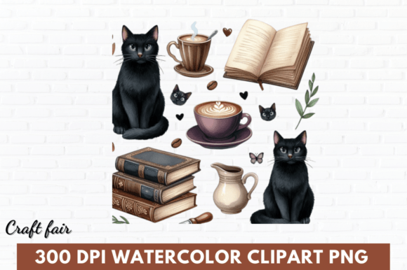 Watercolor Black Cat Book Coffee Clipart